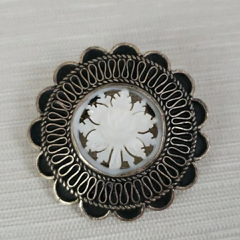 Vintage 935 Silver Jerusalem Carved Mother Of Pearl Flower Brooch Pin Pendant
